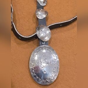 Vtg Sterling Silver Hand Stamped Small Concho Belt 1" Black Leather Belt